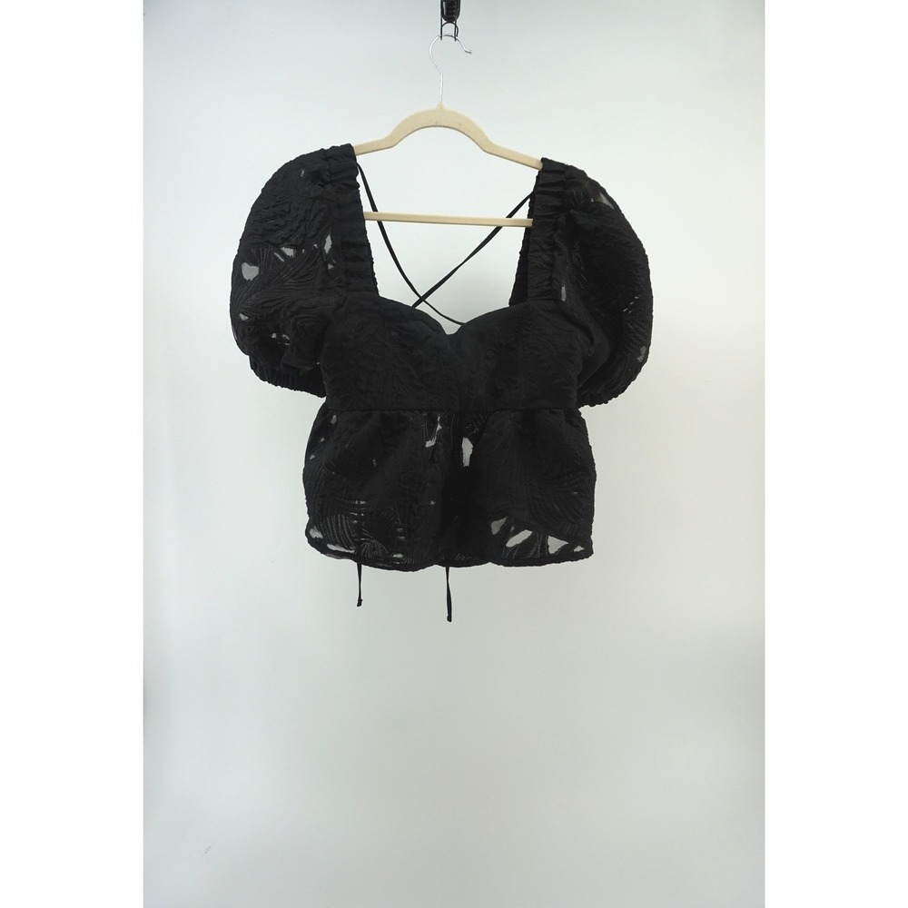 Floral Puff Blouse Burnout Sleeve lace up back Dark Romance coquette Black sz 10